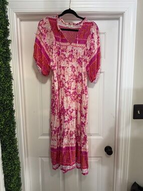 Umgee Hot Pink & White Floral Maxi Dress with Puff Sleeves